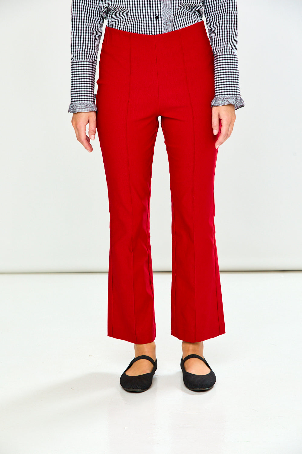 The Mallory Pant - Red, high waisted flared women's pants styled with a gingham blouse and black flats for a chic timeless look