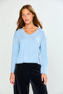 A woman modeling a light blue long-sleeve V-neck knit top with tiny crystal details, paired with black velvet pants, against a plain light gray studio background.