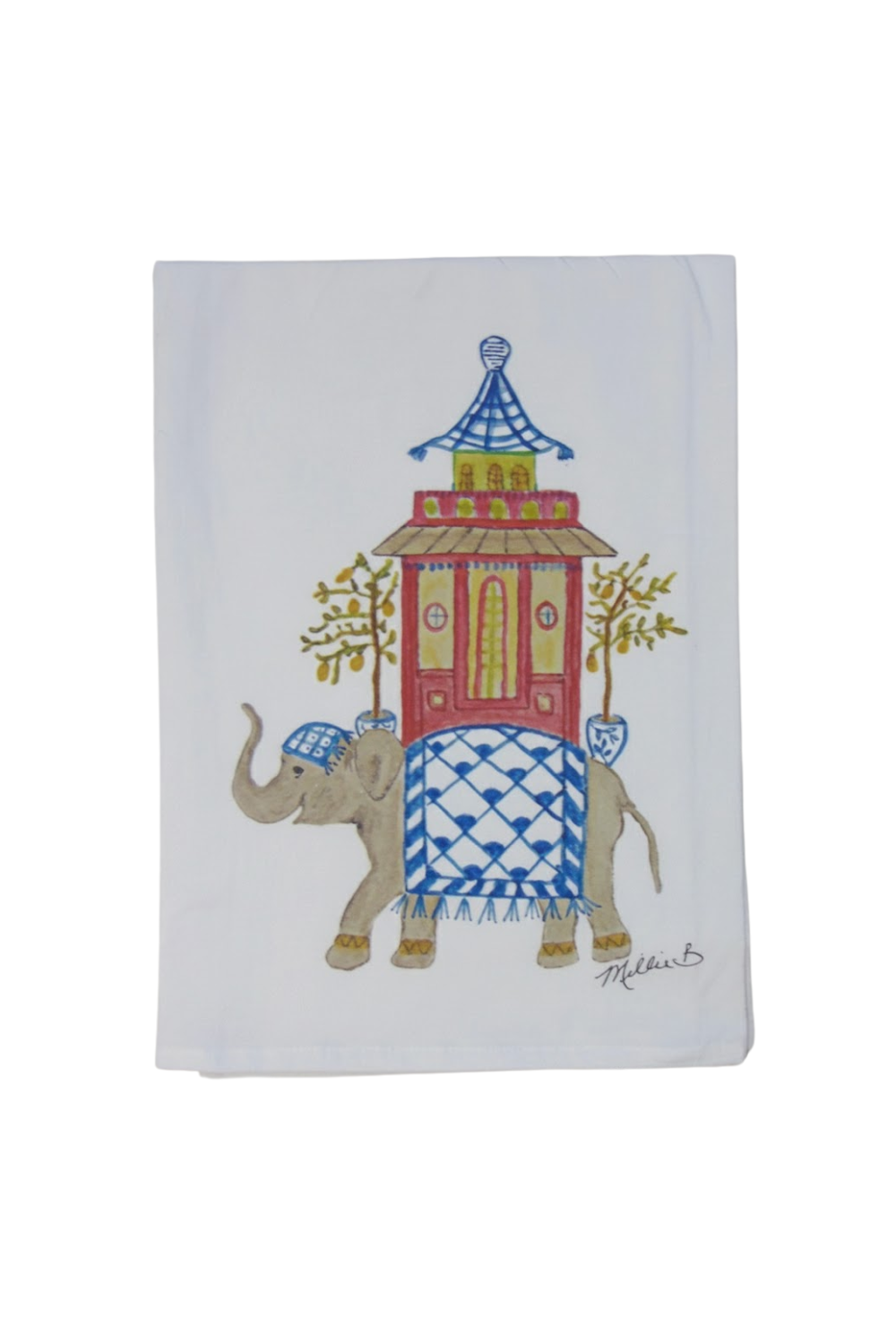Tea towel with a colorful illustration of an elephant and a pagoda on a white background