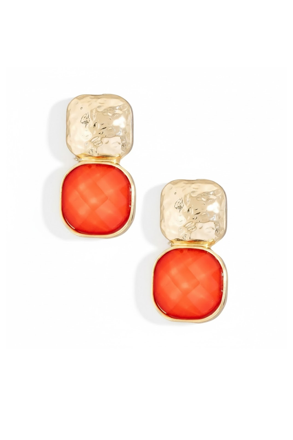 Hammered Metal Square Stone Earrings