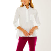 Woman in white poplin shirt
