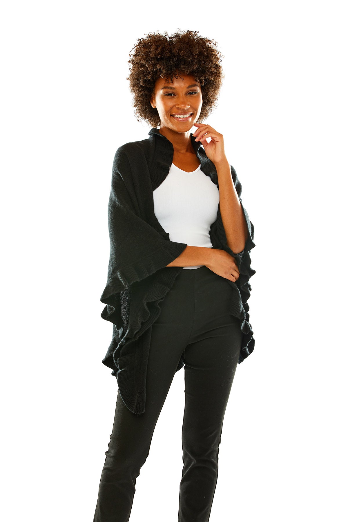 Black cashmere wrap with ruffle edge. Perfect for everyday wear and as a cocktail attire accessory