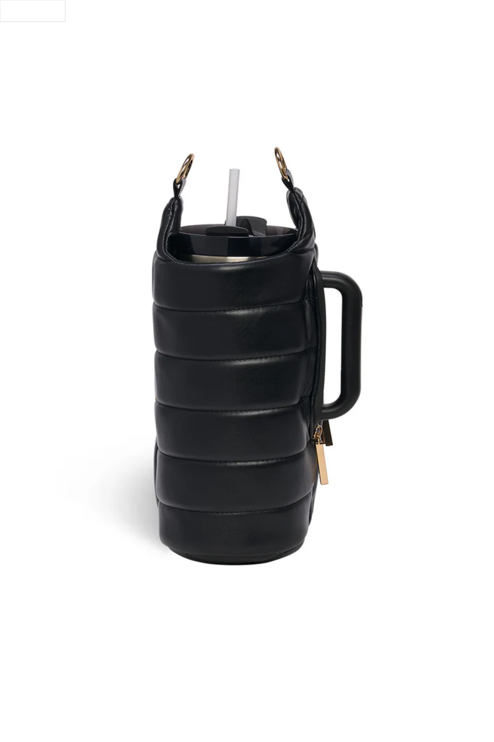 Black leather crossbody water bottle bag with gold chain detail on a white background