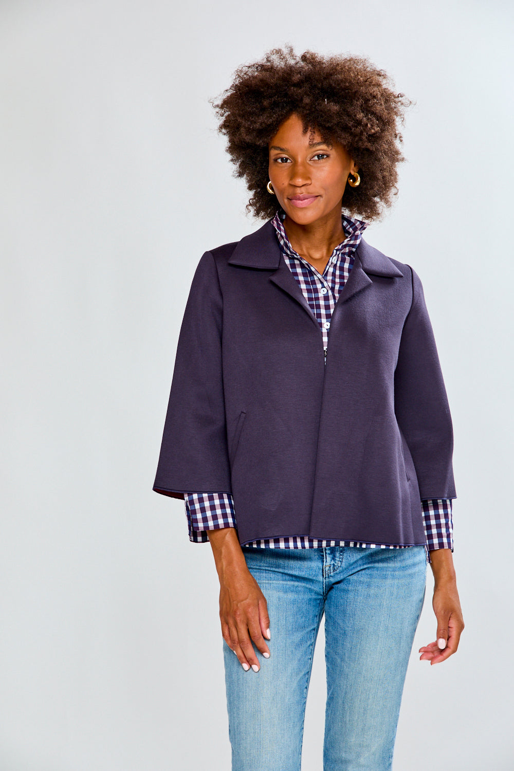 Woman in navy jacket