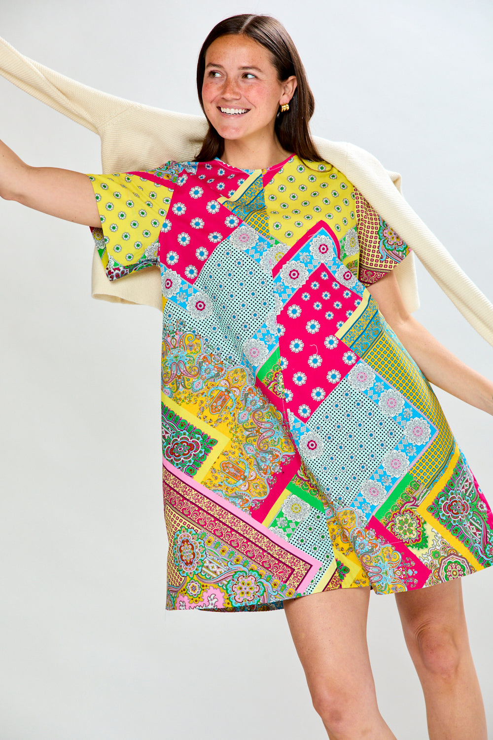 Woman wearing scarf print short dress