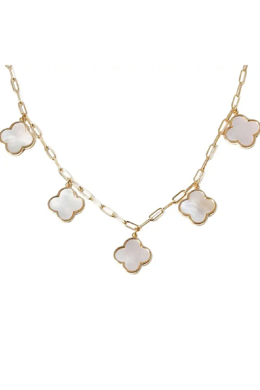 Gold necklace with white clover-shaped pendants on a white background