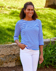 Woman in royal blue stripe shirt