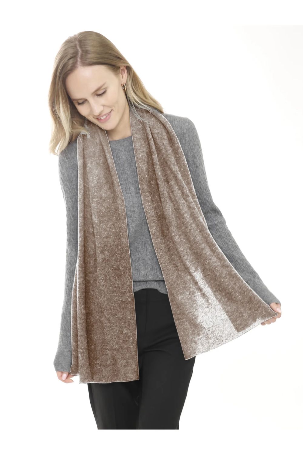 Woman in heather taupe cashmere scarf