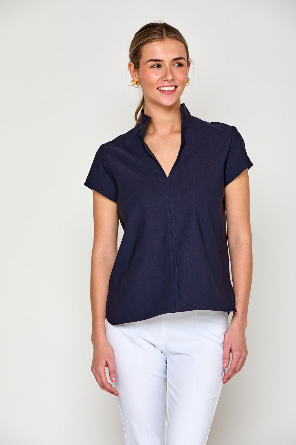 Woman in navy blouse