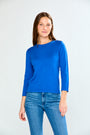 Woman wearing Solid Button Shoulder Pullover in French Blue