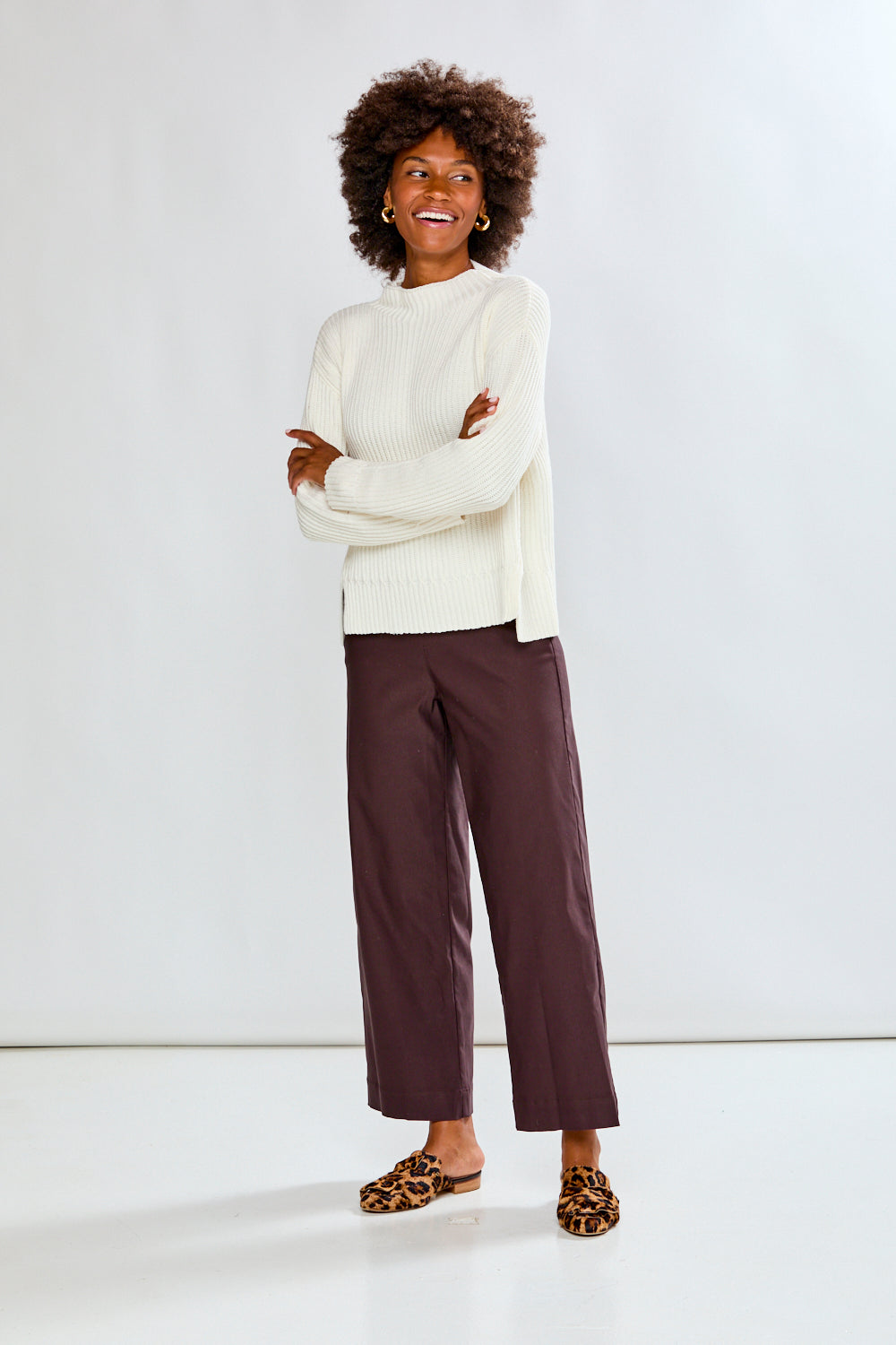 Woman in espresso wide leg pant