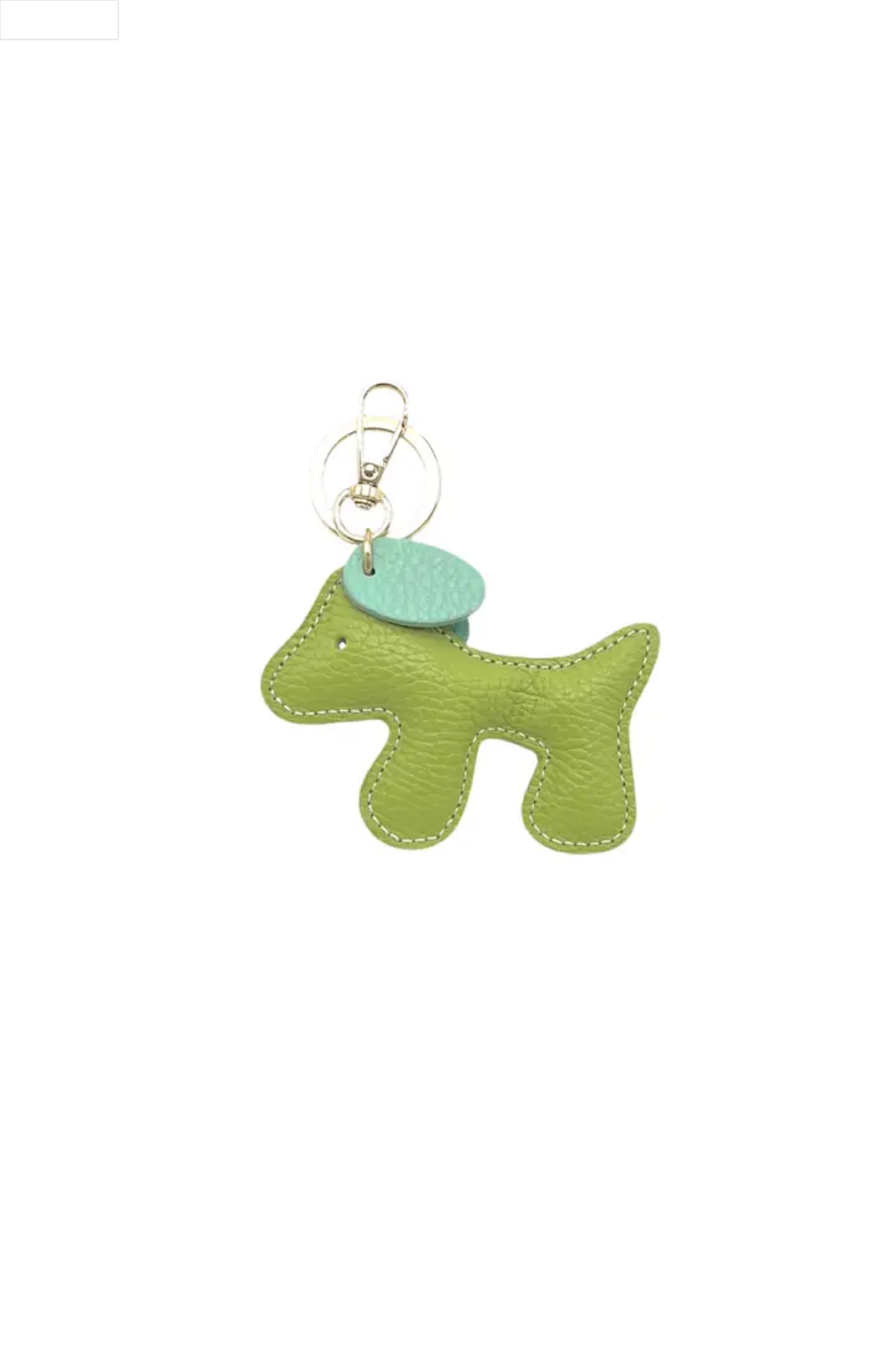 Dog-shaped keychain with a blue tag on a white background