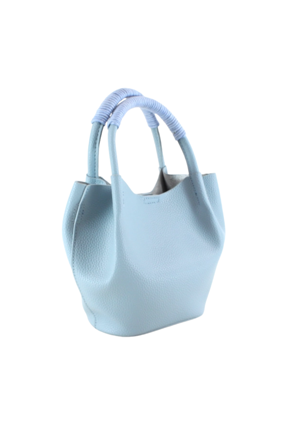 Light blue handbag with handle on a white background
