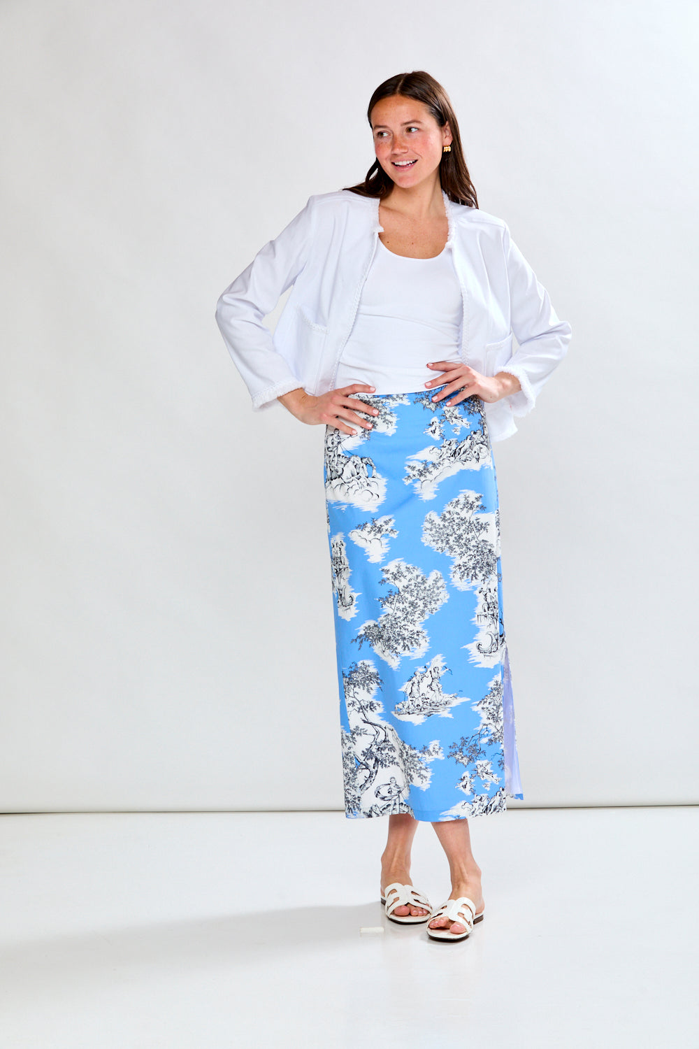 Woman in periwinkle toile midi skirt