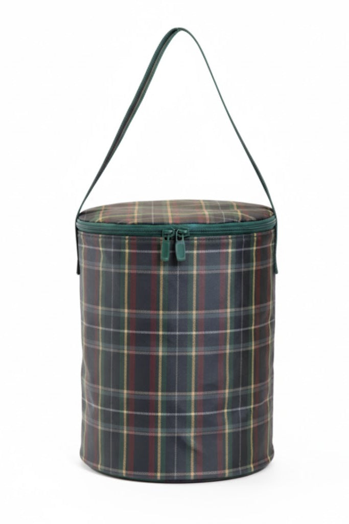 Plaid patterned cooler bag with a handle on a white background