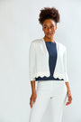 woman in white scalloped sweater