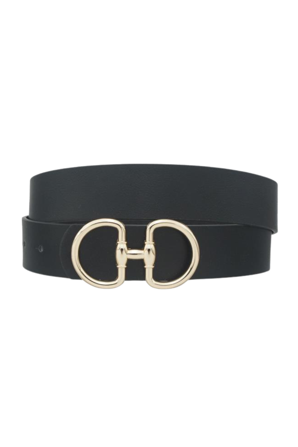 Black belt with gold horsebit buckle on a white background