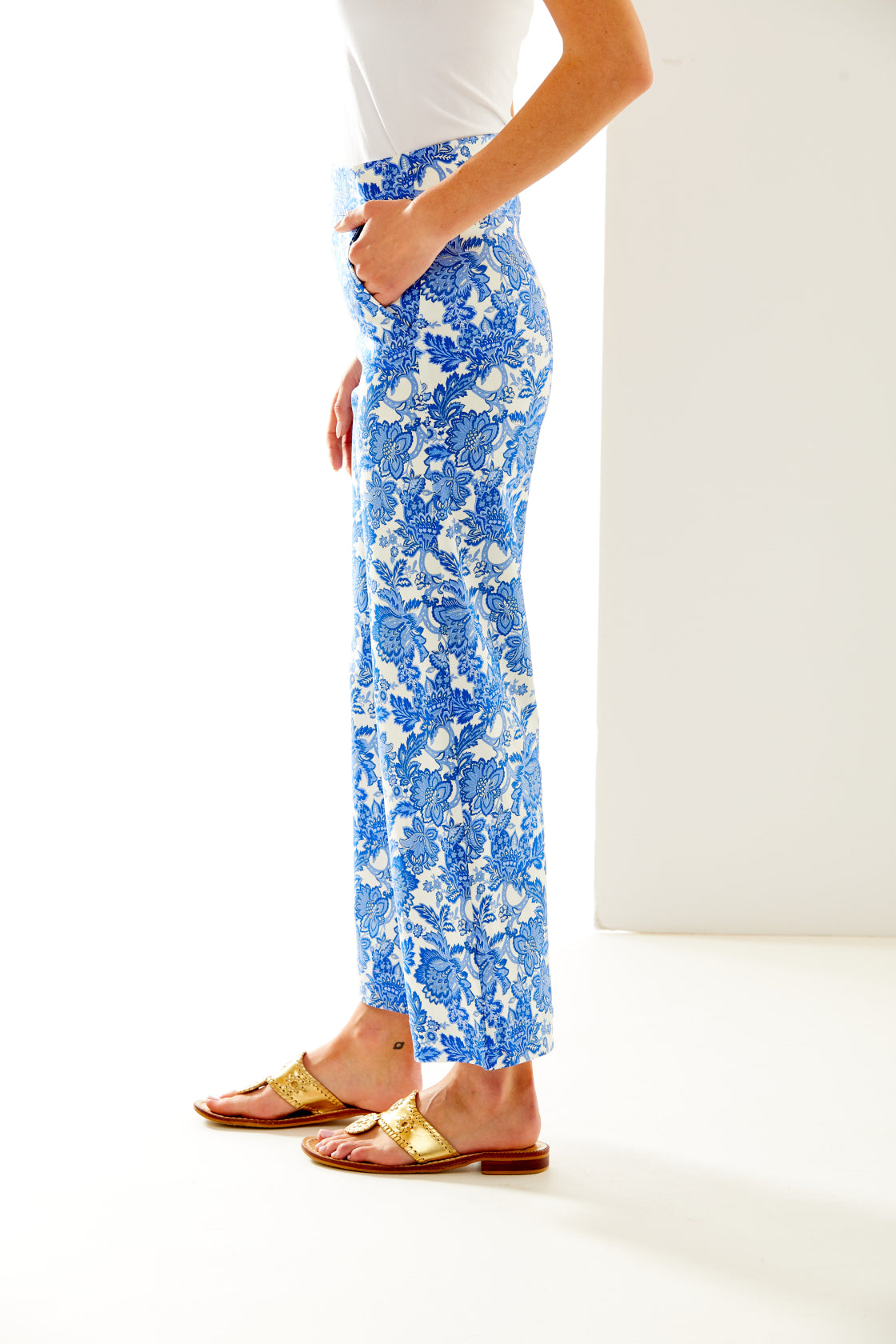 Woman in blue and white printed pant