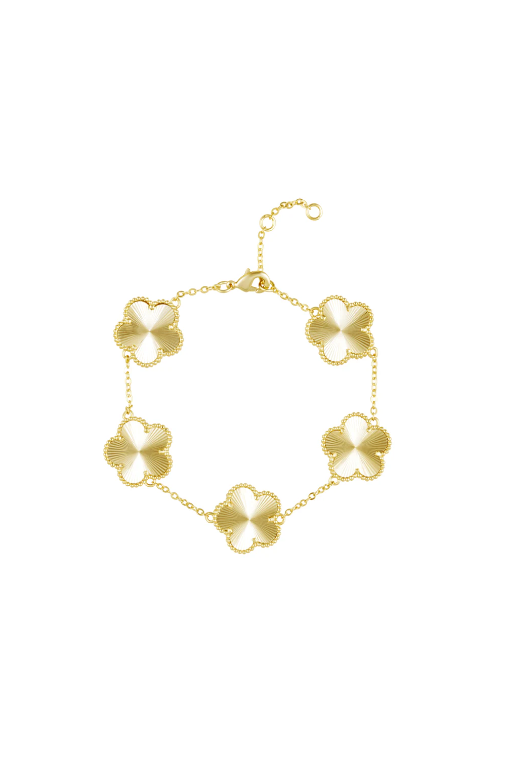 Gold bracelet with floral designs on a white background