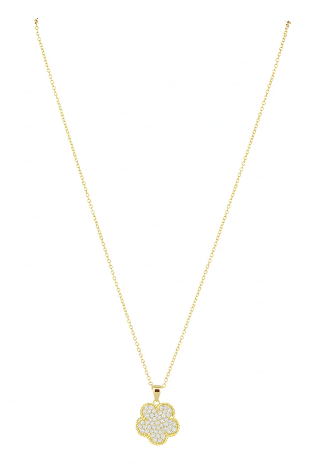 Gold necklace with a heart-shaped pendant on a white background
