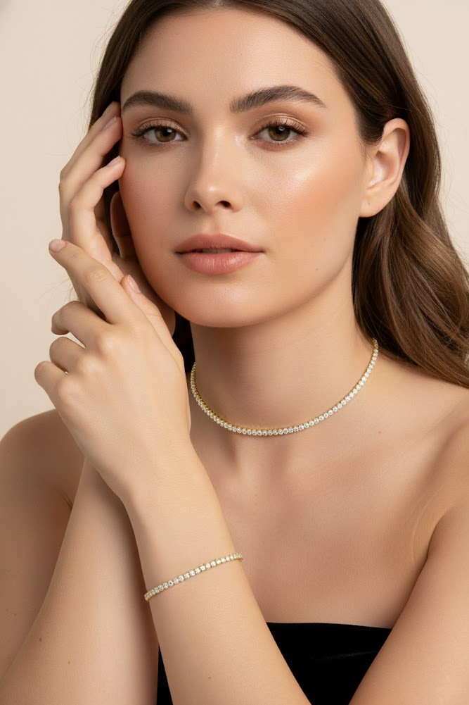 Woman wearing a pearl necklace and bracelet against a beige background