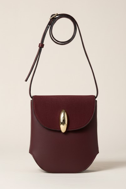 Burgundy handbag with a gold clasp on a beige background
