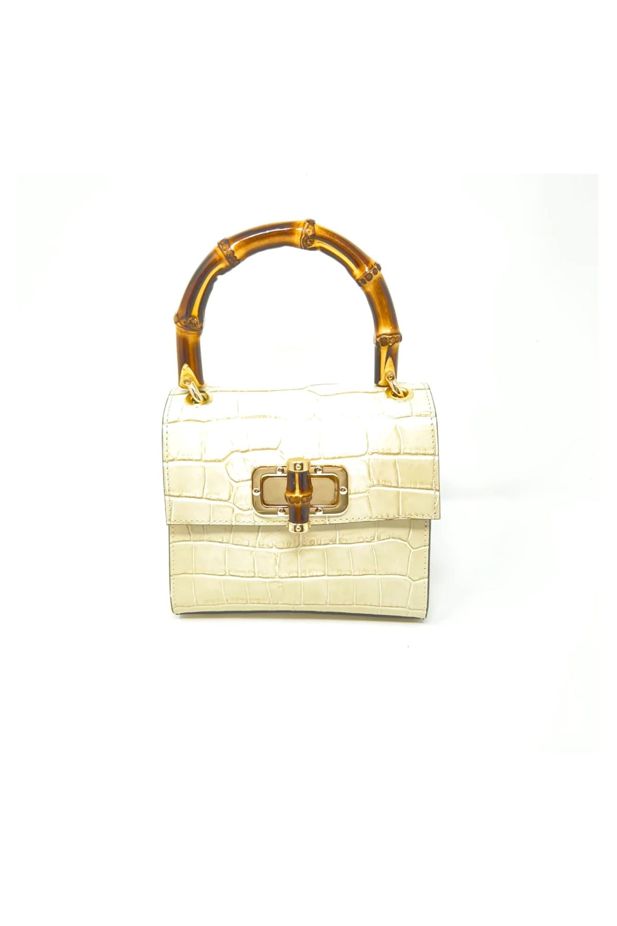 Beige leather bag with bamboo handle