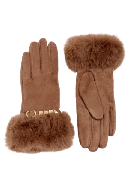 Pair of brown gloves with fur cuffs on a white background