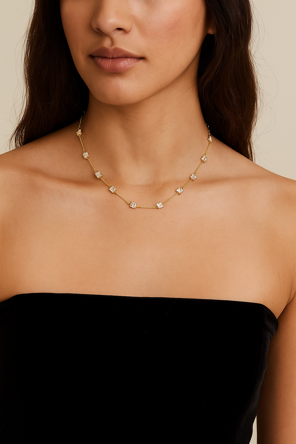 Woman wearing a black velvet and gold necklace