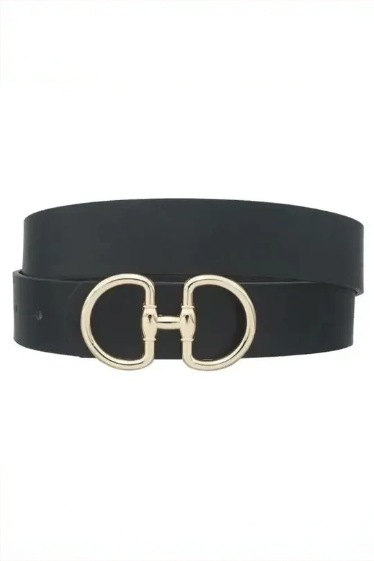 Black belt with gold horsebit buckle on a white background