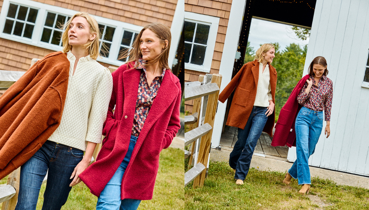 Side by side photos of two women walking wearing jeans, tops, and jackets in front of a barn..