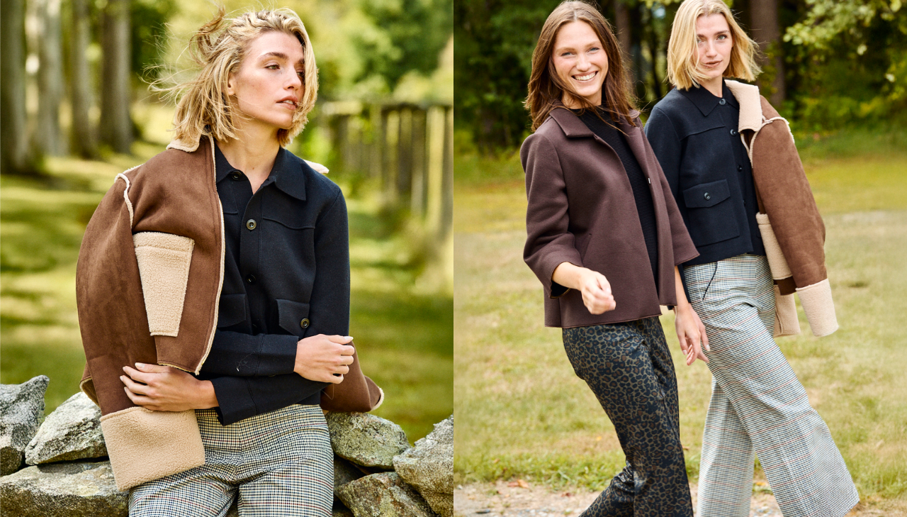 Side by side photos, one of a woman wearing a jacket, sweater and pants. One of two women walking in sweaters and pants.