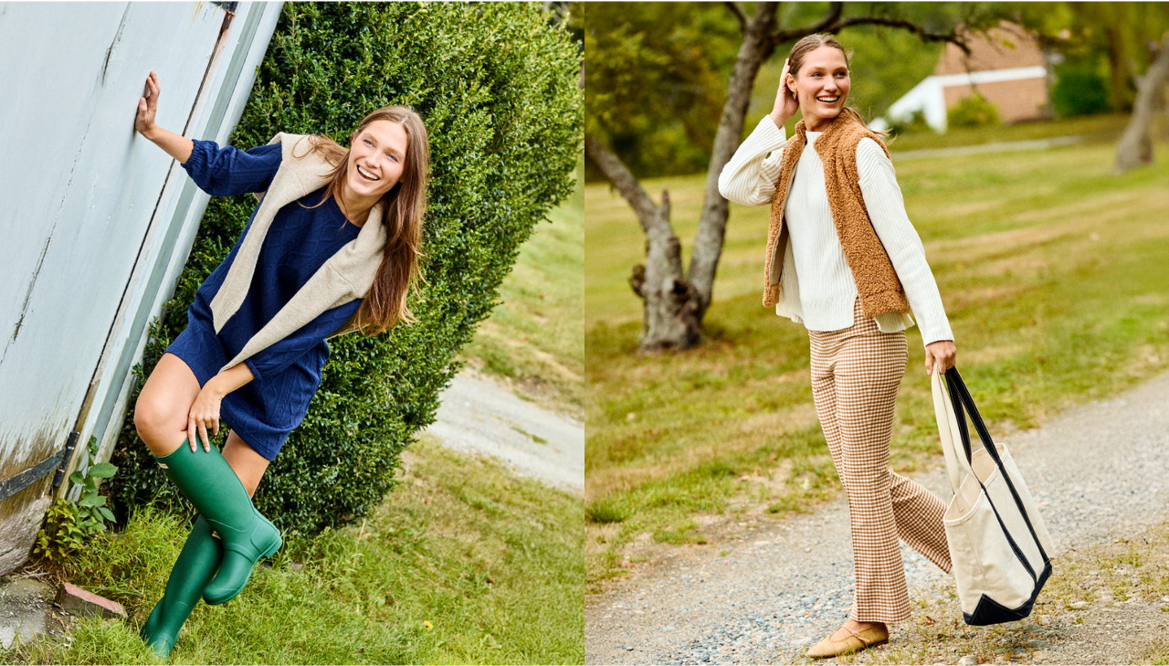 Two photos side by side of women wearing Sara Campbell