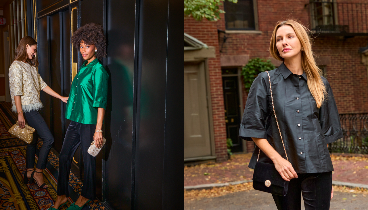 Two side by side images of women wearing Sara Campbell apparel.