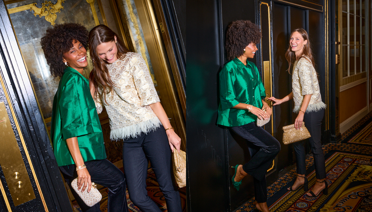 Two photos side by side of two women at an elevator