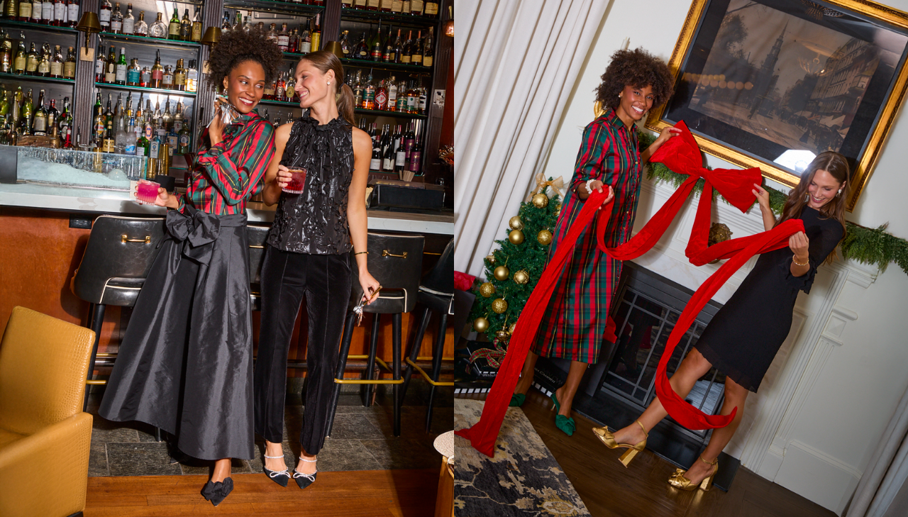 Side by side photos of women wearing holiday attire