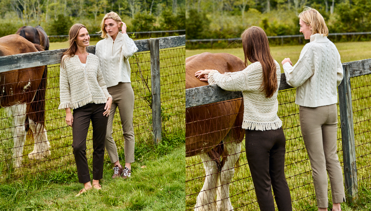 Side by side photos of women near a horse stable