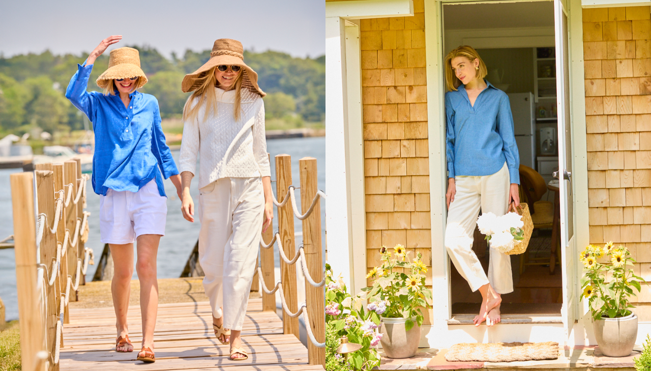 Two side by side photo, one of a woman in a doorway and one of two women walking down a dock