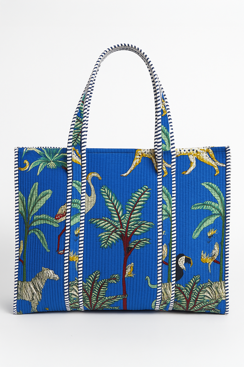 Tote bag with a tropical animal pattern on a blue background