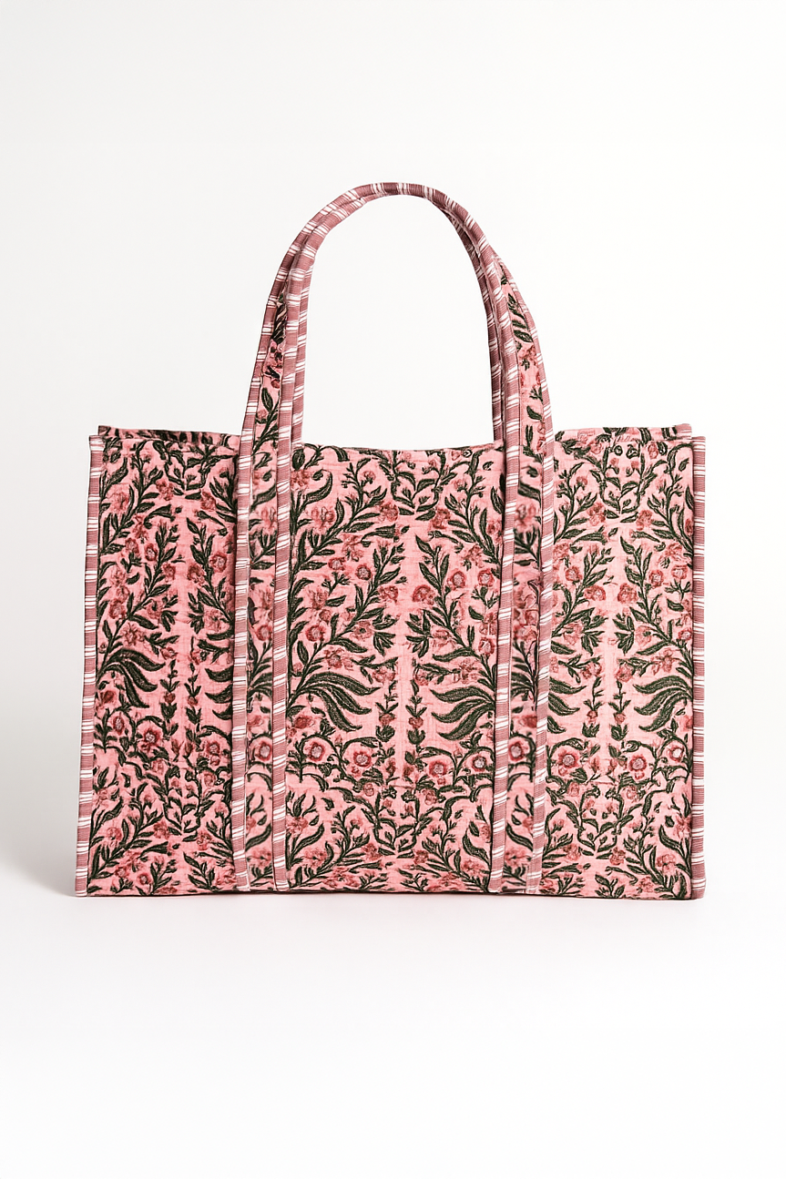 Floral patterned tote bag on a white background