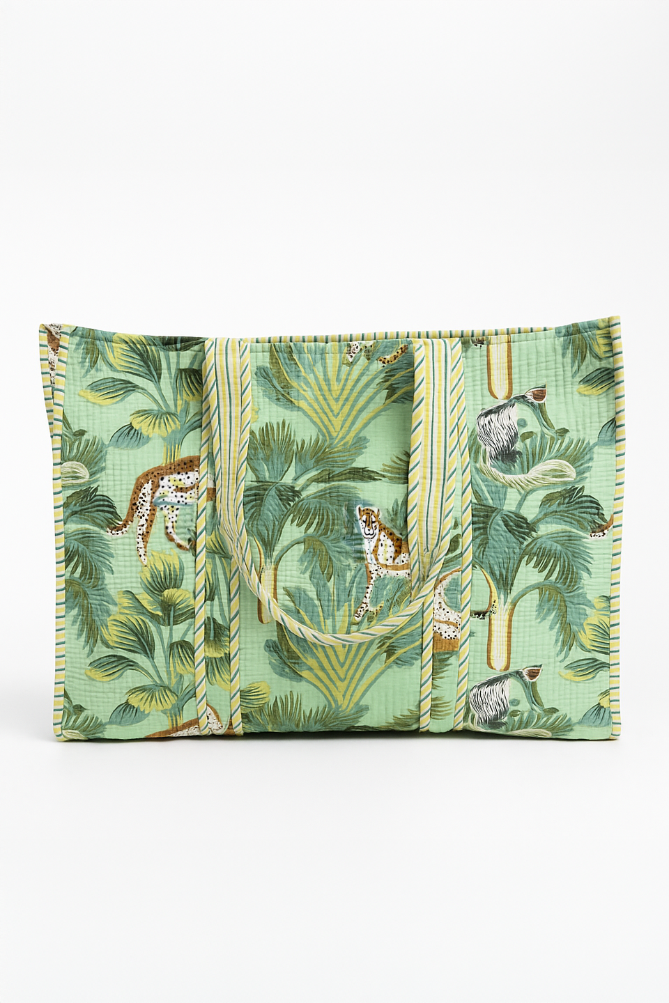 Fabric pouch with jungle animal design on a white background