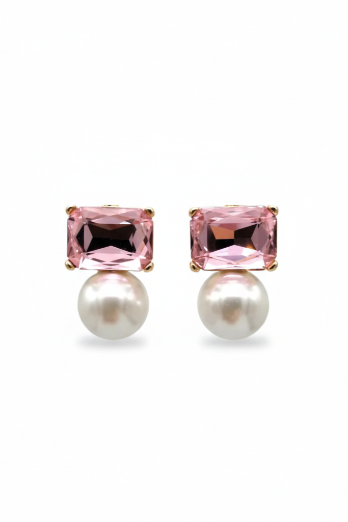 Pink rhinestone earrings with a pearl drop