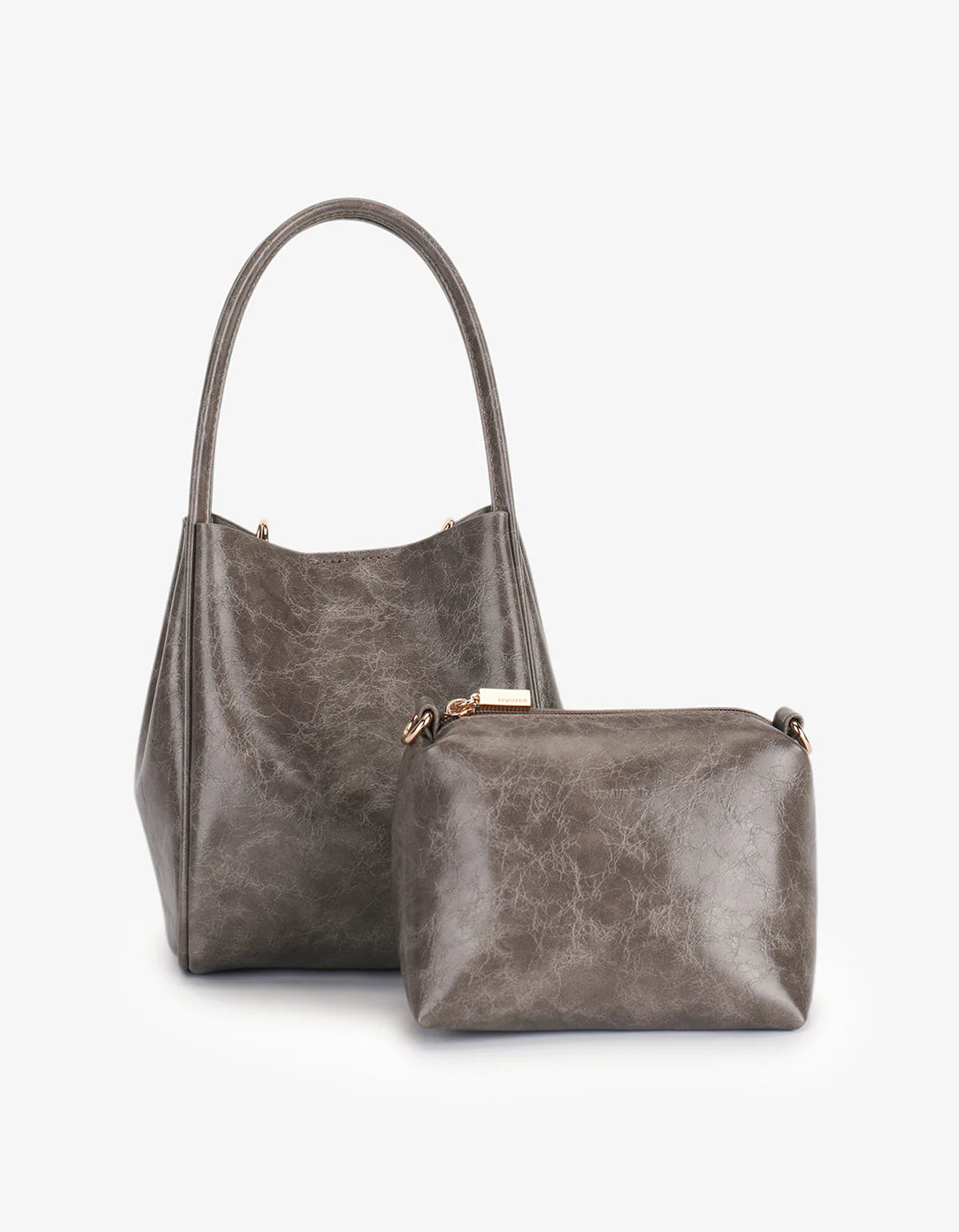 Set of gray handbag and pouch on a light gray background