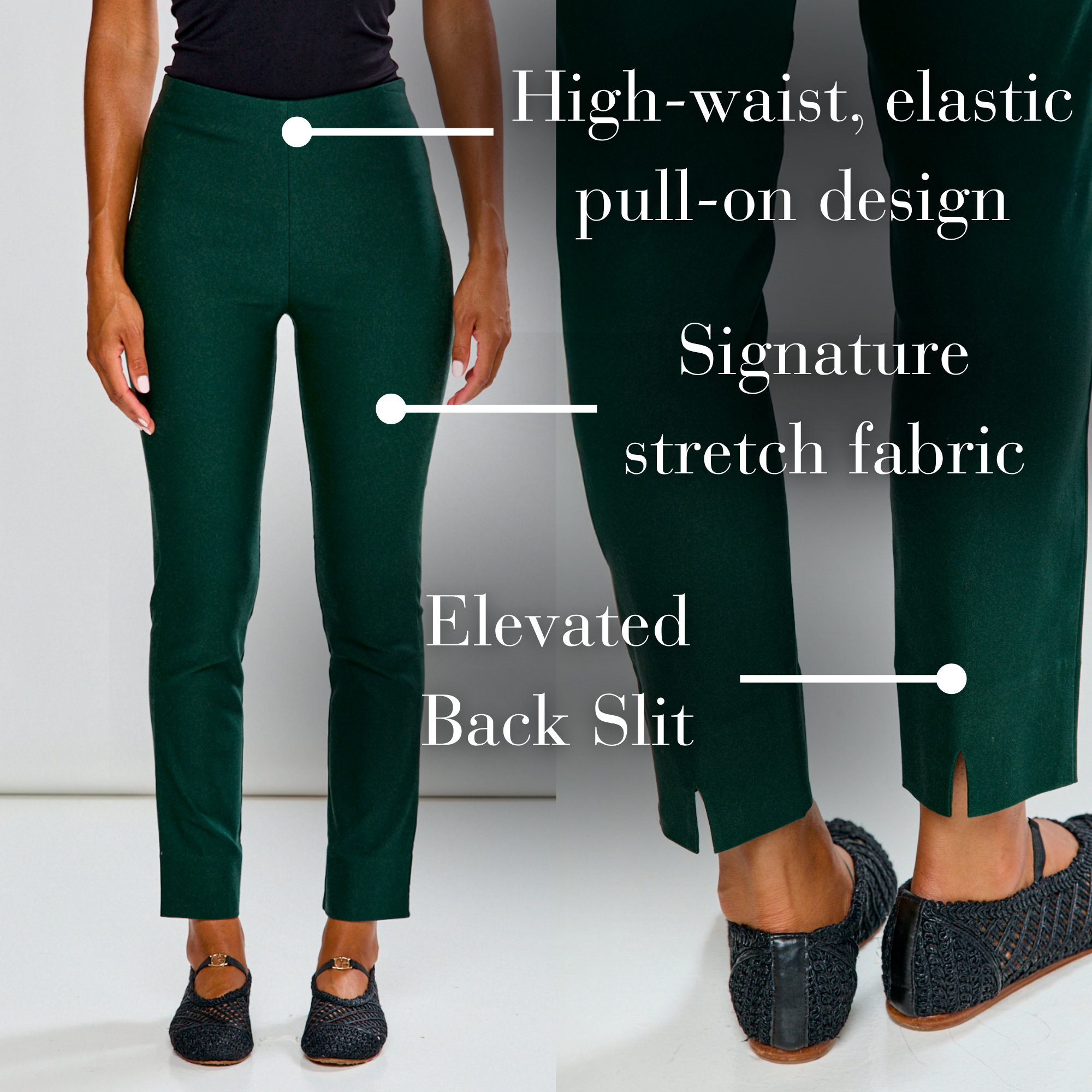A photo of the Sheri Pant with descriptions: High-waist, elastic pull-on design. signature stretch fabric. Elevated Back Slit. 