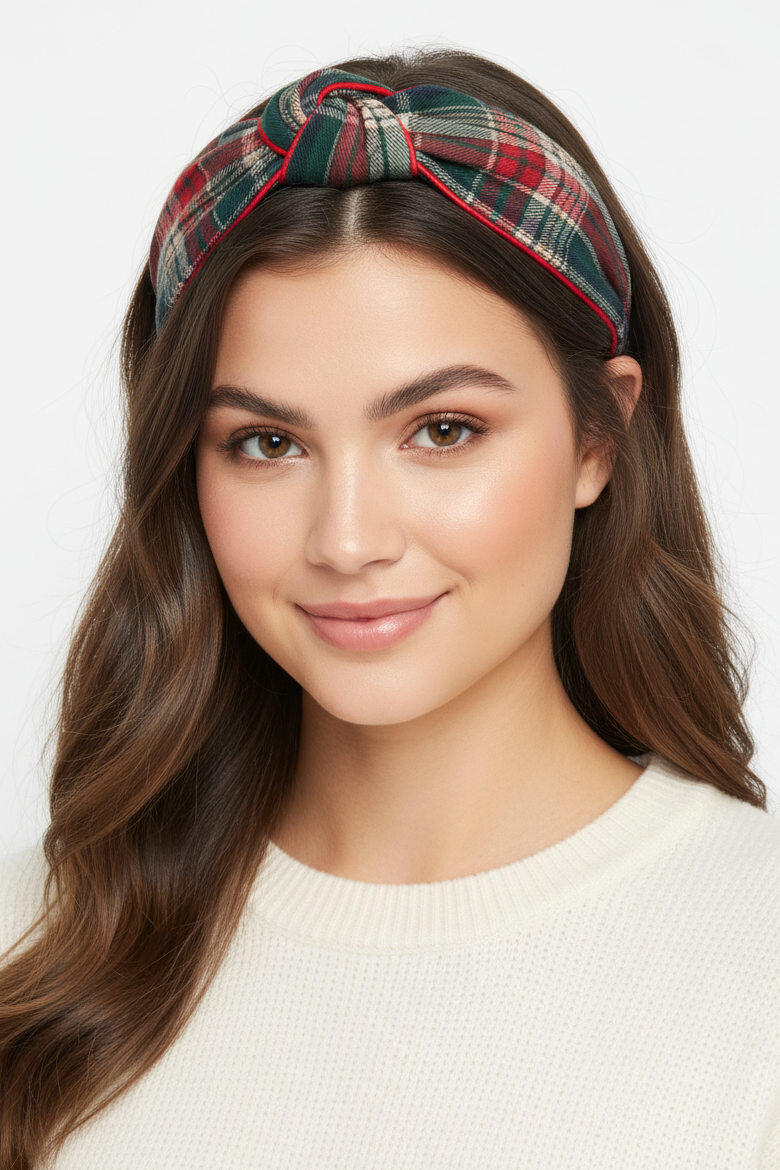 Woman wearing a plaid headband with a plain background