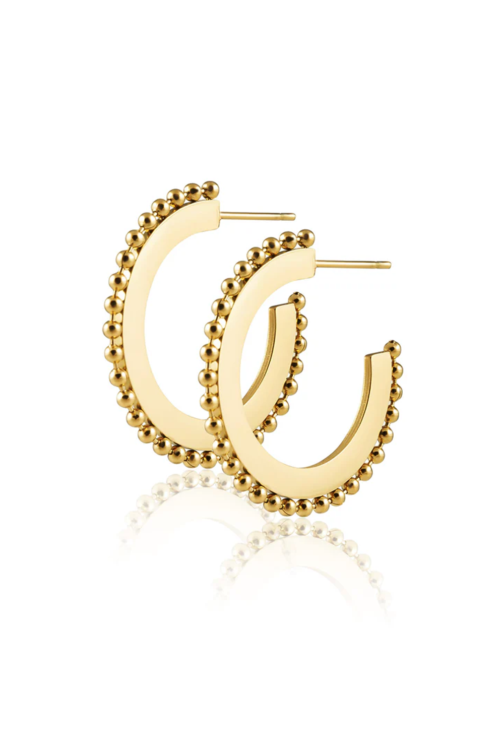Gold hoop earrings with bead detailing on a white background