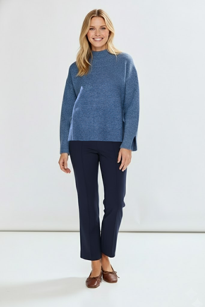 Woman wearing a blue sweater and navy pants against a white background