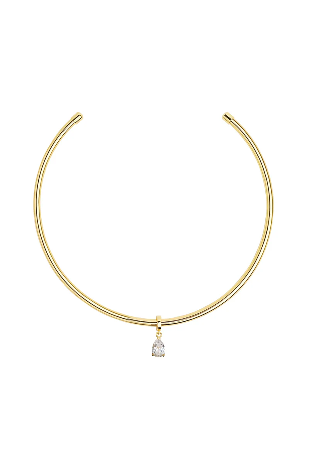 Gold necklace with a small diamond pendant on a white background