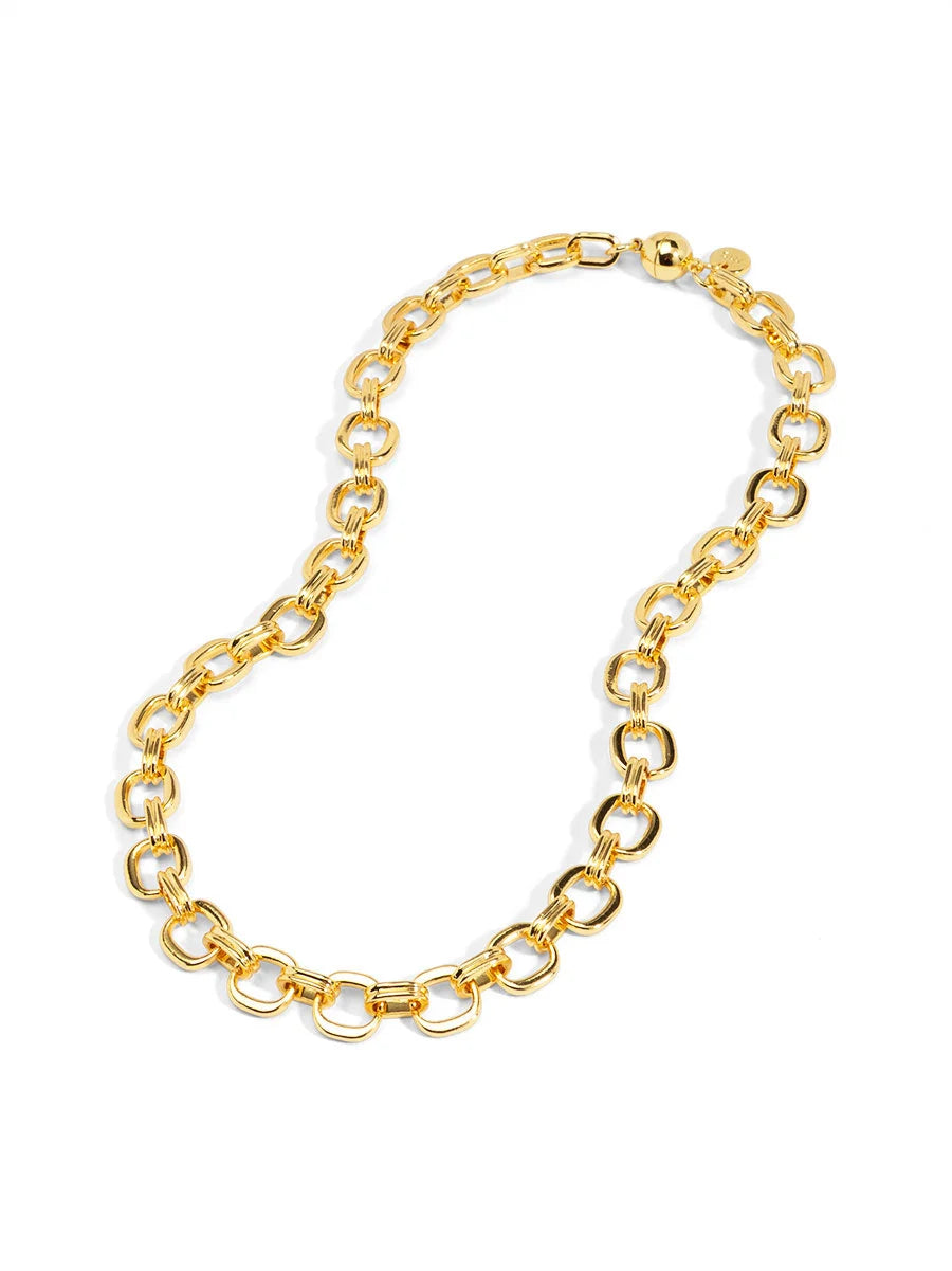 A polished gold chain necklace with oval links, displayed on a clean white background.