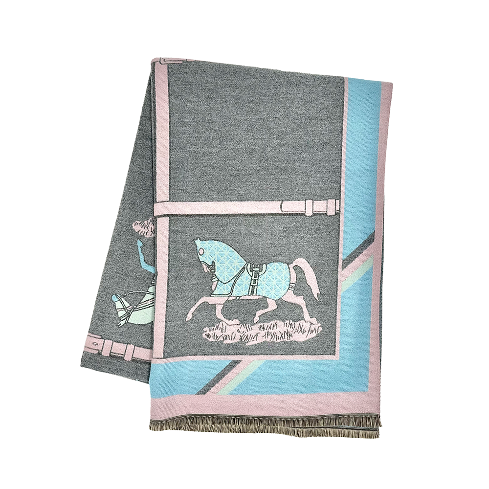 Gray towel with horse and buggy design on a white background